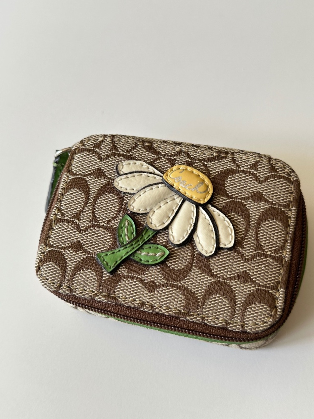 Rare Coach Signature Daisy Appliqué Purse Lipstick Case Travel Jewelery Pill Box